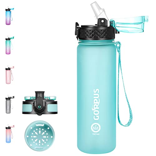 GOPPUS 500ml Kinder Trinkflasche mit Strohhalm Zeitmarkierungen Tritan Wasserflasche Kohlensäure Geeignet 2 Deckel BPA-frei Auslaufsicher Sportflasche für Sport,Fahrrad,Uni,Outdoor Leicht, Nachhaltig Cover