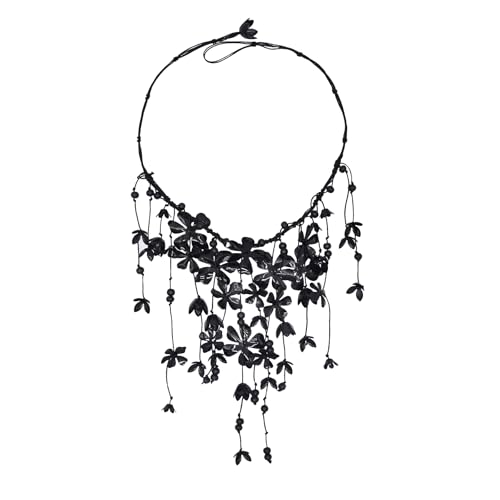 idealway Red White Black Floral Statement Necklace, Waterfull Cascading Flowers Design, Beaded Flower Choker Style (Black)