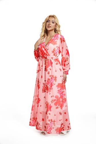 Image of lvenzse Womens Maxi Dress Boho Chiffon Floral Printed Long Party Dresses Plus Size with Belt (FBA)
