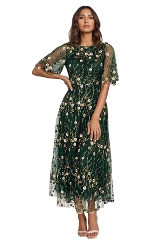 Flower Embroidery Tea Length Mother of The Bride Dresses Short Sl...