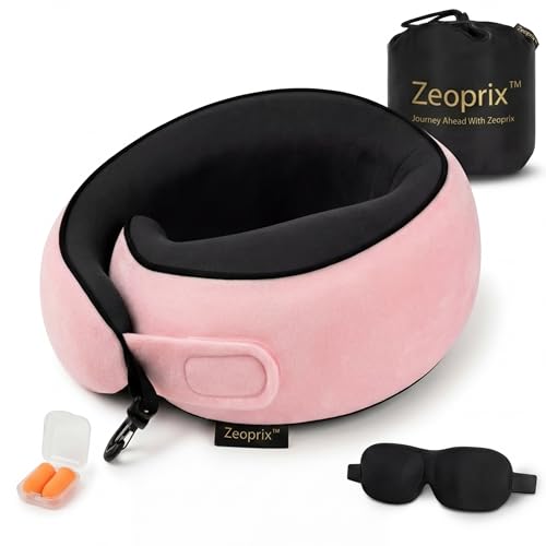 Image of Travel Neck Pillow for Airplane, Memory Foam 360 Wrap Around Neck Support for Sleeping on Long Flights, Washable Cover with Adjustable Fit, Eye Mask & Earplugs, Portable for Car & Office
