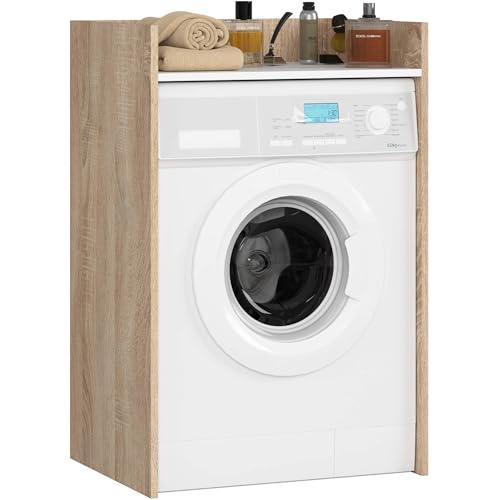 AKORD | Mueble para Lavadora de 64 cm | Apto para Lavadora y Secadora |Mueble de baño de Columna para Colocar sobre Lavadora | 64x98x50 cm | Roble Sonoma | Encimera Blanca