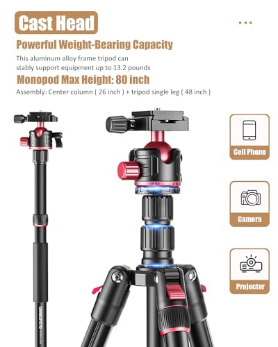 Cambofoto TM264.N1 80 Inch Dslr-Camera-Tripod, Photography 360 Ball Head Professional Aluminum Tripod & Monopod With Carry Bag Compatible With Canon Nikon Binoculars Laser Telescope thumb #2