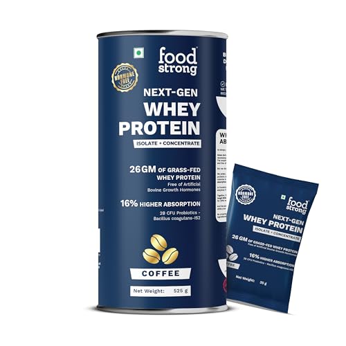 Image of Foodstrong Next-Gen Whey Protein Isolate + Concentrate, 100% Hormone Free Grass-Fed Whey, 26G Protein, Coffee, With Turmeric, Probiotics & Natural Digestive Enzymes For Easy Digestion, 15 Sachets, 525G