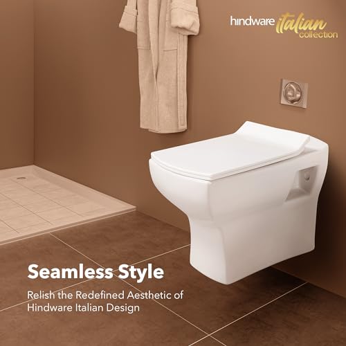 Image of Hindware Italian Collection Fluid Wall Hung Western Commode with Duroplast Seat Cover for Bathroom | Made of Ceramic | Star White | Geomteric Shape | Wall Mount Ewc