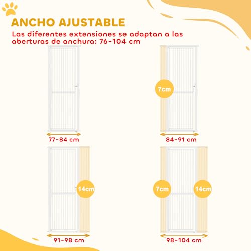 PawHut Sicherheitsgitter für Hunde und Katzen, extra hoch, 180 cm, ausziehbar, 76-104 cm, Abstand 3,5 cm, für Türen und Treppen, mit Druckmontage, 2 Verlängerungen, Weiß