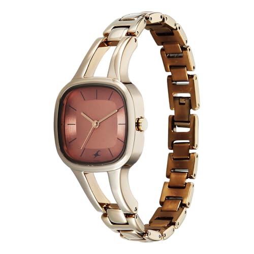 Image of Fastrack Chrome K Quartz Analog with Peach Dial Titanium Brass Solid Strap Watch for Women - 6147QM02