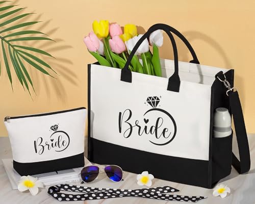 Image of MAYICIVO Bridal Shower Gifts for Bride, Bride to Be Gifts Wedding Engagement Bachelorette Party Gift for Brides Congratulation Honeymoon Gift Set - Canvas Beach Tote Bag & Makeup Bag
