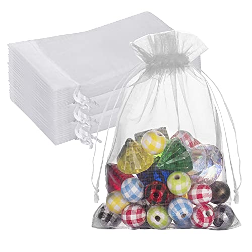 100PCS Premium Sheer Organza Bags, White Wedding Favor Bags with Drawstring, 5x7 inches Jewelry Gift Bags for Party, Jewelry, Festival, Makeup Organza Favor Bags,net gift bags,drawstring goody bags