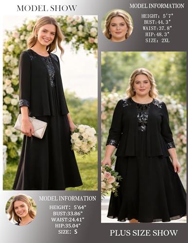 Image of GRACE KARIN Formal Wedding Guest Dress Sequin Mother of The Bride Dresses | Two Piece,3 /4 Sleeve,Tea Length,Crew Neck,Fit and Flare,Chiffon,Suitable for Spring /Summer /Fall /Winter /Cocktail /Party /Prom