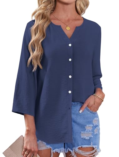 Image of OFEEFAN Button Down Shirts for Women 3 /4 Length Sleeve Tops V Neck Blouses Business Casual Outfits Loose Fit