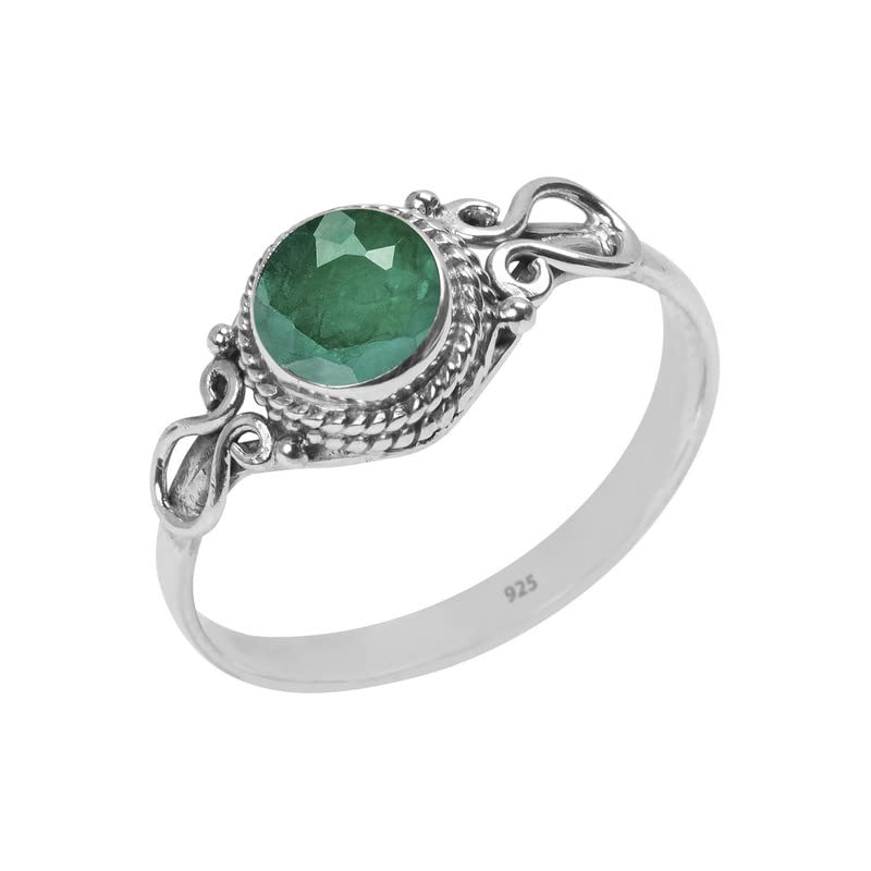 Emerald Stone Ring, Handmade 925 Sterling Silver Rings for Women Girls, Natural Gemstone Ring US size 11 Solitaire Ring, Round Stone Ring, Minimalist Birthstone Gift Jewelry for her