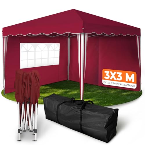 Kronenburg Tonnelle Pliante 3x3m Étanche UV 50+ avec 2 Parois Latérales – Barnum de Jardin Rouge pour Événements Extérieurs