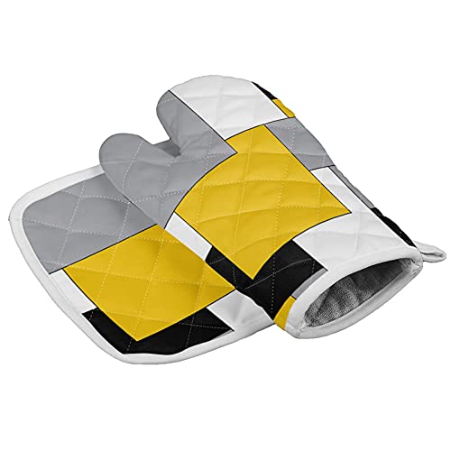 Oven Mitt Set Polyester&Cotton Glove And Pot Holder Color Block Abstract Art Yellow Black Gray 2 Pcs Anti-Skid Mitts For Kitchen Baking,Cooking #TOP2