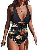 CUPSHE Damen Badeanzug V Ausschnitt Crossback Bademode Blumenmuster Bauchweg Einteilige Strandmode Swimsuit Schwarz/Blumen M