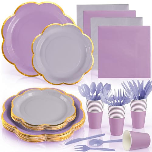 350Pcs Purple Paper Plates and Napkins Party Supplies for 50 Guests
