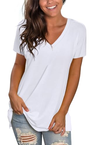 Sipaya Womens T Shirts Deep V Neck Short Sleeve Simple Basic Tops Summer Tees Cruise Outfits for Women 2025 White XL
