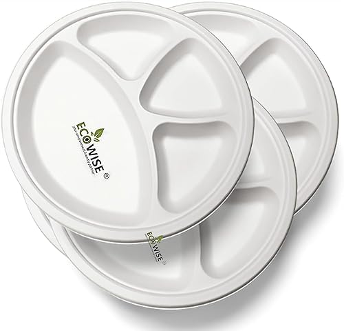 Best House EcoWise 12" X 4 Compartment Bagasse Plates Made of Sugarcane Fibers, 100% Biodegradable Compostable ECO Friendly Dinner Party Plates Perfect for Everyday USE Party Picnic BBQ (Pack of 200)