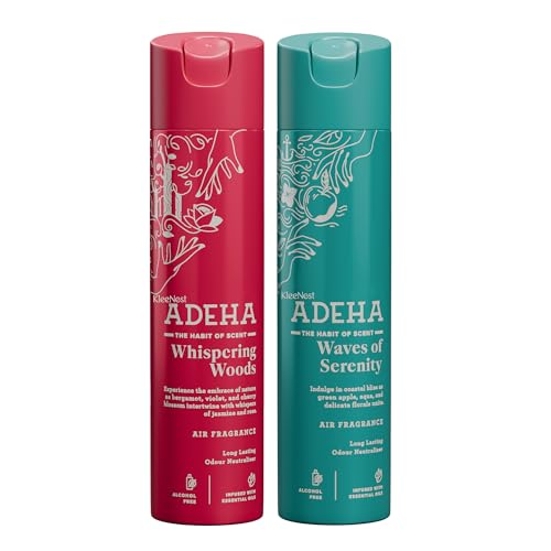 Image of Kleenest Adeha Room Air Freshener Spray Combo - Waves of Serenity & Whispering Woods | Alcohol Free Long Lasting Fragrance for Home & Office | Room Freshener Spray Combo Pack | 218 ml x 2