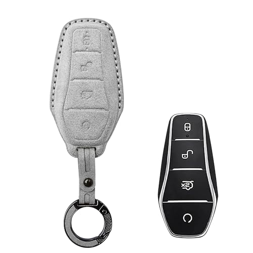 Image of KMH Alcantara Key Cover Compatible with BYD Atto 3 Models Smart Keycover with Keychain 4 Buttons Shell Case Holder Full Key Protector Accessories Smart Keycover with Keychain, Grey - Pack of 2