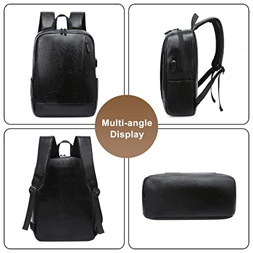 Men's 15.6 inch Laptop Backpack PU Leather Business Work Bag Large Capacity Casual Office Daypack with USB Charging Port2