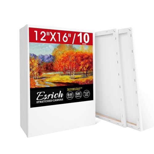ESRICH Stretched Canvas for Painting 12x16 Inch 10 Pack Blank Canvas -5/8 in Profile Primed Cotton White Canvases for Painting for Oil & Acrylic Paint