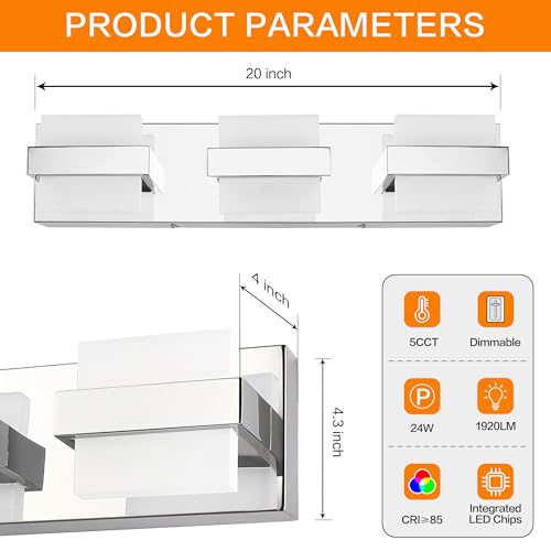 Image of SOLFART 3-Lights Chrome Bathroom Light,Vanity Light Over Mirror, Modern LED Light Fixtures, 5 Color Temperature Adjustable Modern Light for Bathroom