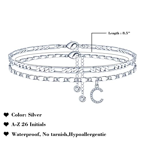 Image of Ursteel Ankle Bracelets for Women, 14K-Gold-Plated Dainty Layered Chain CZ Initial Anklets Set Summer Jewelry Gifts for Women