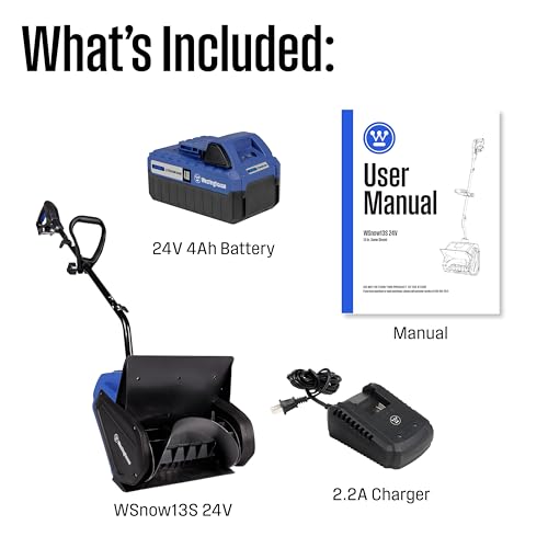 Westinghouse WSnow13S 24V Cordless Snow Shovel 13 Inch Kit, 24V 4Ah Battery, Fast Charger, Electric Snow Shovel with 20ft Throwing Distance, plows 300lbs/min, Compatible with Snow Joe Batteries