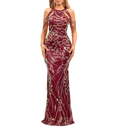 Image of Cololura Women Sequin Halter Tassel Mermaid Formal Maxi Dress Evening Gown