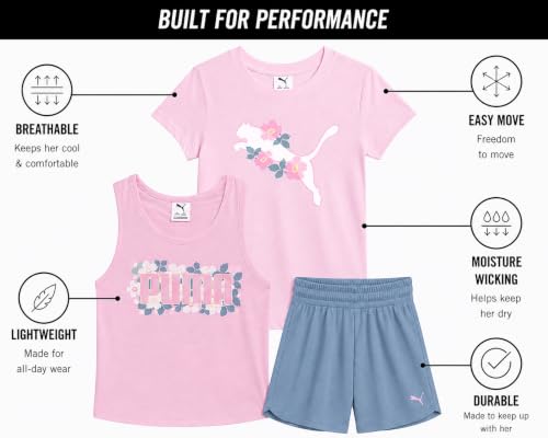 Image of PUMA Girls Active Shorts Set - 3 Piece Performance T-Shirt, Tank Top, Gym Shorts - Summer Athletic Outfit for Girls (7-14)