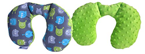 Medi Partners NACKENKISSEN Kinder Nacken Nackenstütze 100% Baumwolle/Minky Baby Nackenhörnchen für Auto Kinderwagen autofahrt Reisen Schlaf Hals Kissen Schlummerrolle (Kreaturen mit grünem Minky)