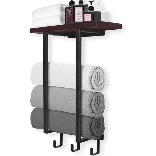 Towel Rack with Wooden Shelf and 3 Hooks - Black Bathroom Organizer for Rolled Towels and Accessories