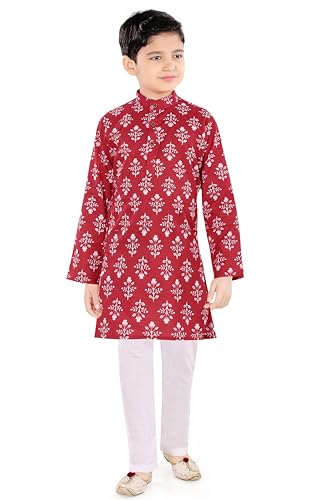 Image of TinySteps Boys Cotton Kurta Pajama | Traditional Ethnic Wear Pure Cotton Printed Kurta With Elastic Waist White Pajama