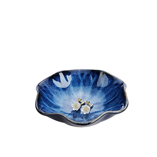 Image of Lotus Leaf Shape Decorative Ring Tray, Small Key Bowl, Ceramic Trinket Tray Jewelry Dish Organizing Necklace Earrings, Home Decoration for Mom Best Friend Sister, Blue.