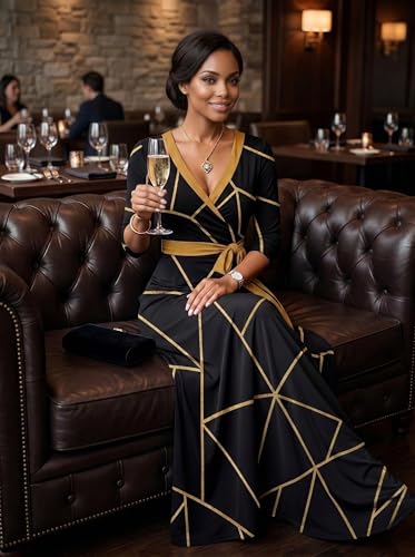 Image of PinkPatty Plus Size Maxi Dresses for Women Casual Flowy Long Dress 3 /4 Sleeve V Neck Wrap Dress with Belt
