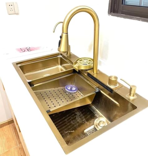 Image of Wallace 304 Grade Gold Single Bowl Multifunction Kitchen Sink 30 x 18 x 10 Inch | Stainless Steel Workstation Sink with Integrated Waterfall Cup Washer Drain Basket RO Tap & Pull Down Faucet