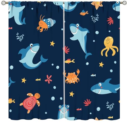 Image of Cute Shark Curtains for Kids Bedroom,Cartoon Fish Ocean Wildlife Window Treatments for Boys Child Study Baby Room Funny Marine Themed Fabric Drapes 2 Panels Set,Total Size 42 x 45 Inch