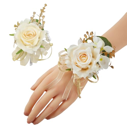 Meldel Champagne Corsage and Boutonniere Set,Boutonniere for Men,Groomsmen and Groom Boutonniere for Wedding,Rose Wrist Corsages Bracelets for Mother of Bride,Bridesmaids,Girls,Women,Prom,Homecoming