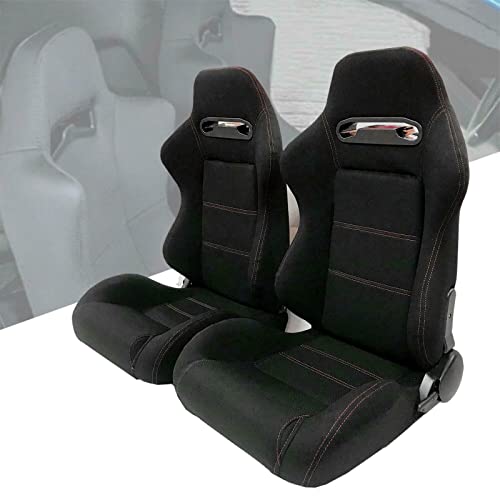 Motoos Reclinable Racing Seats Black Cloth With Red Stitch Sports Bucket Seats With Adjustable Sliders Left Right Driver And Passenger Side 1 Pair #TOP30