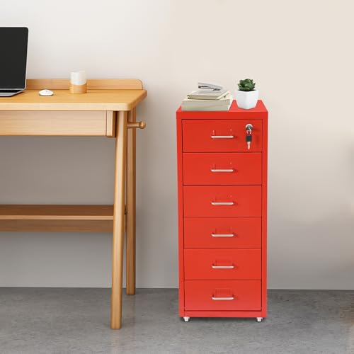 Image of 6 Drawer Vertical File Cabinet, Filing Cabinets for Home Office, Metal File Storage Cabinet with Lock & Wheels, Small Locking File Cabinet with Drawers for Letter /Legal /F4 /A4 (Red)