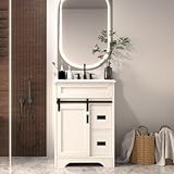 24'' Farmhouse Bathroom Vanity with Single Sink Combo, Freestanding Bathroom Vanities with Sliding Barn Doors and 2 Drawers Storage, Ceramic Basin Engineered Stone Countertop, White (24 inch)