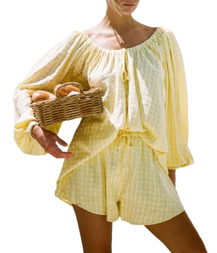 Image of Women Plaid Bubble Oversize Long Sleeve Top Shorts 2 Piece Cozy Beach Vacation Outfits Lounge Set Tracksuits