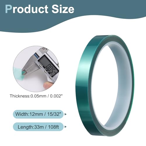 Image of HARFINGTON 3 Rolls High Temperature Masking Tape 15 /32 inch x108ft(12mmx33m) 0.05mm Thick PET Film Silicone Adhesive Heat Resistant Tapes for Heat Press Anodizing Circuit Board, Dark Green