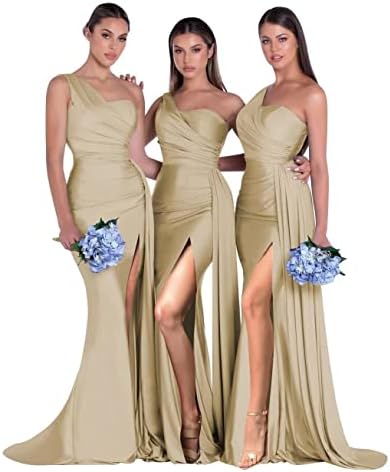 One Shoulder Prom Dresses with Slit for Women Ruched Elegant Bodycon Bridesmaids Dresses Ball Gowns Champagne US4 PE507