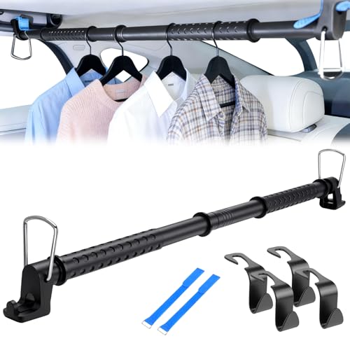 Bvomheez Car Clothes Hanger Bar 28-61 inches, Heavy Duty Clothes Rod for Car, Wrinkle-Free Clothes Hanging Bar, Adjustable Clothes Rack for RVs Suvs Trucks Vans, with 4Pcs Additional Seat Hooks