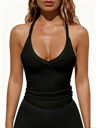 Image of Women's V-Neck Slimming Ribbed Spaghetti Strap Tank Top Summer Sleeveless Sports Vest?Casual and Trendy Basic Vest