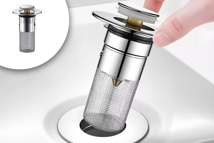 push button kitchen sink filter – universal pop up sink drain strainer with removable stainless steel basket hair catcher | anti-clogging bathroom washbasin stopper replacement