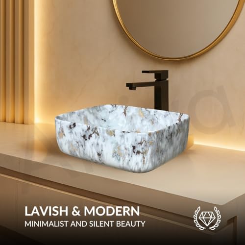 Image of Artiva Ceramic Wash Basin /Tabletop Washbasin For Bathroom,12 inchx16 inch /Small Countetop Bathroom Basin /Table Top Basin For Home,Office,Hotel /Rectangle Glossy Sink (Alaska-Gold,12x16 Inch)