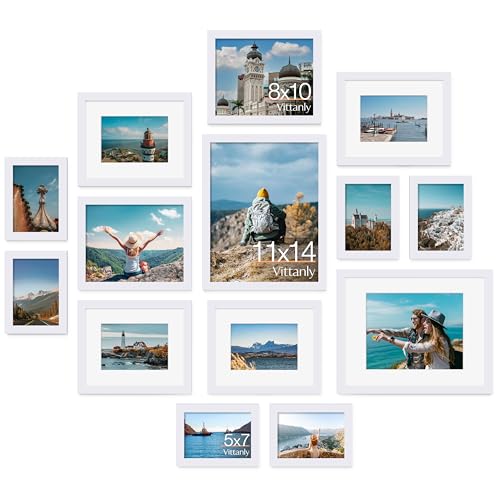 Image of Vittanly 14 Pack Picture Frames Collage Wall Decor, Gallery Wall Frame Set with 2Pcs 11x14, 6Pcs 8x10 and 6Pcs 5x7 Photo Frames, Picture Frame Set for Wall Collage or Tabletop Display, White
